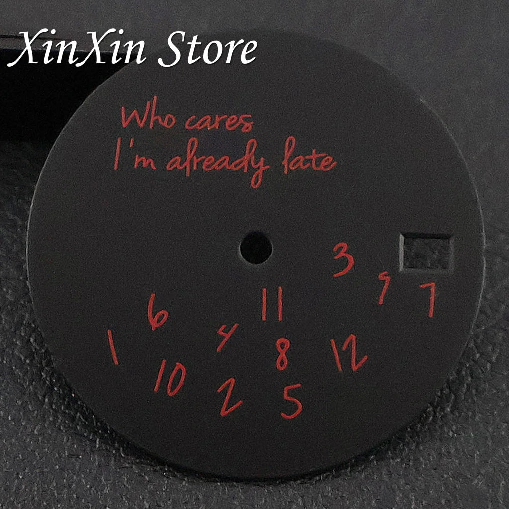 Black NH35 28.5mm Watch Dial Who Cares With Lightning Second Hands For NH35 4R35 Movement Who Cares Lt's Already Late Replace Watch Dial