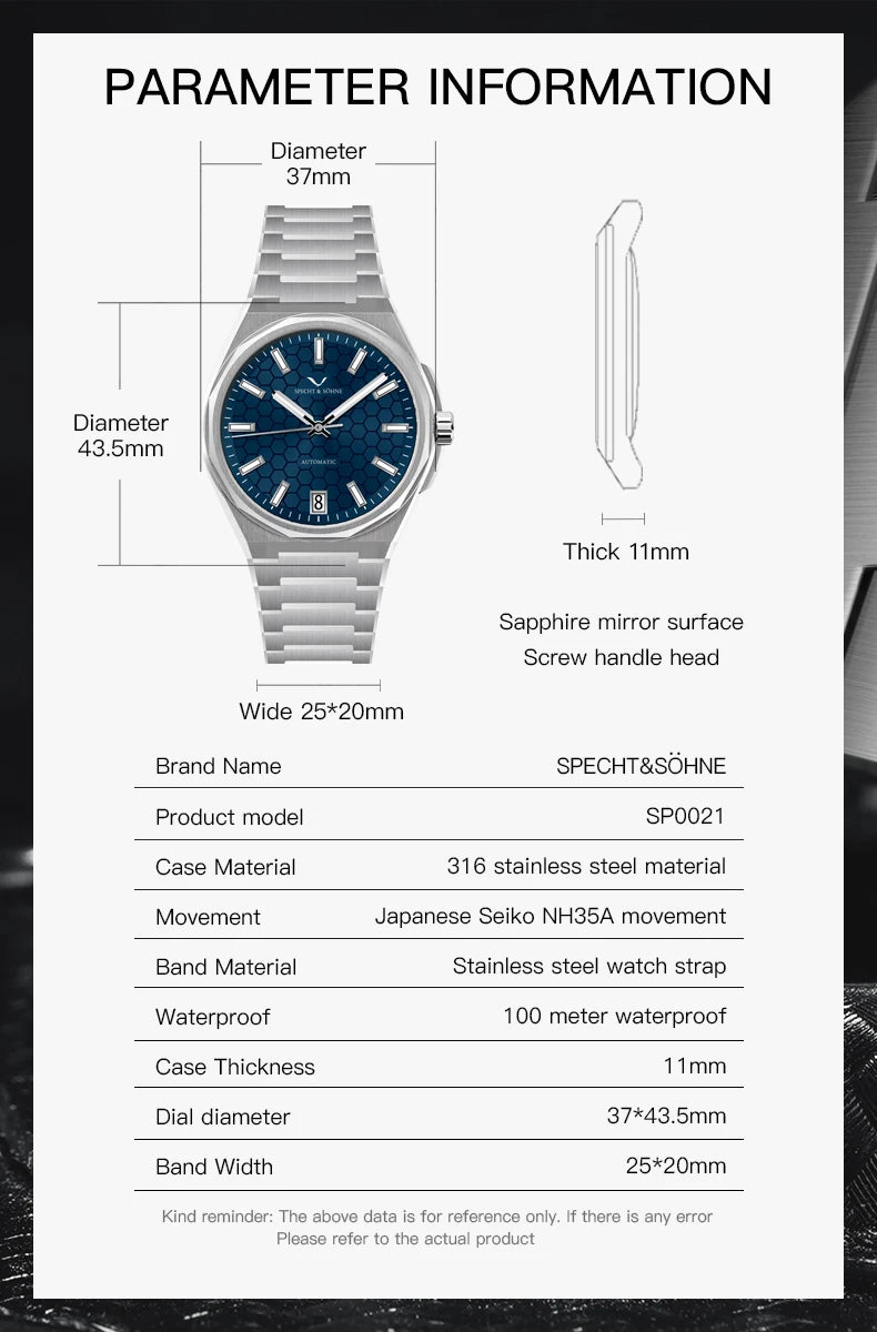 37mm PRX Watch Variant Watch Dress Specht & Söhne SP0021 Honeycomb Dial Sapphire Crystal NH35 Automatic Watch 100M Waterproof