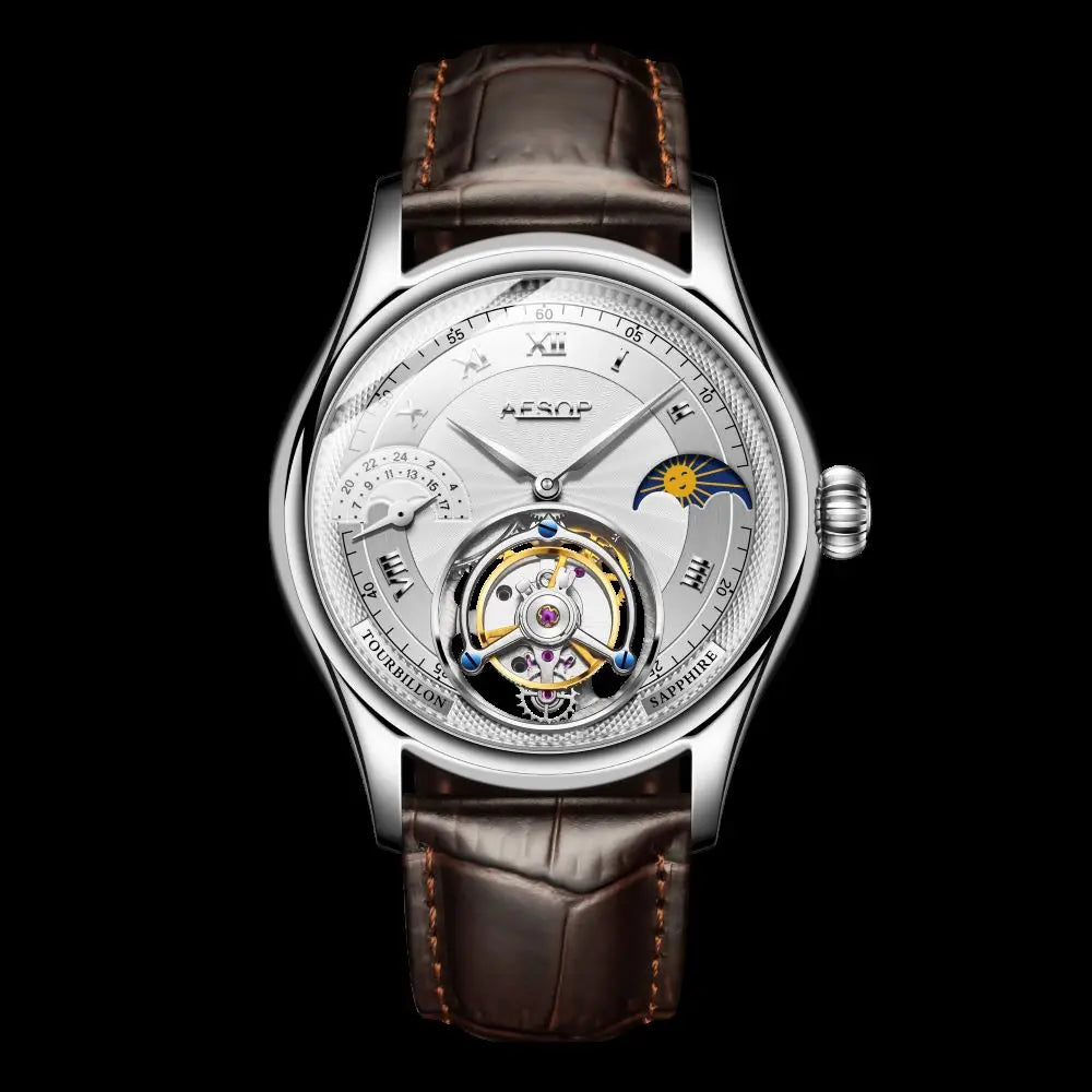 Tourbillon Moon Phase Watch Aesop 7027 42MM Multi-Function Luxury Sapphire Watch Fashion Skeleton