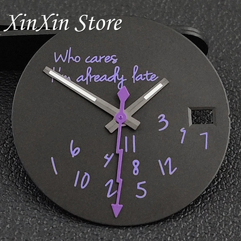 Black NH35 28.5mm Watch Dial Who Cares With Lightning Second Hands For NH35 4R35 Movement Who Cares Lt's Already Late Replace Watch Dial