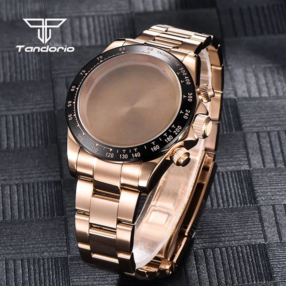 39mm Quartz Watch Case+Watchband Sapphire Glass Fit VK63 VK64 Movt Multi-Functional Chronograph Men Wristwatch Accessories Parts