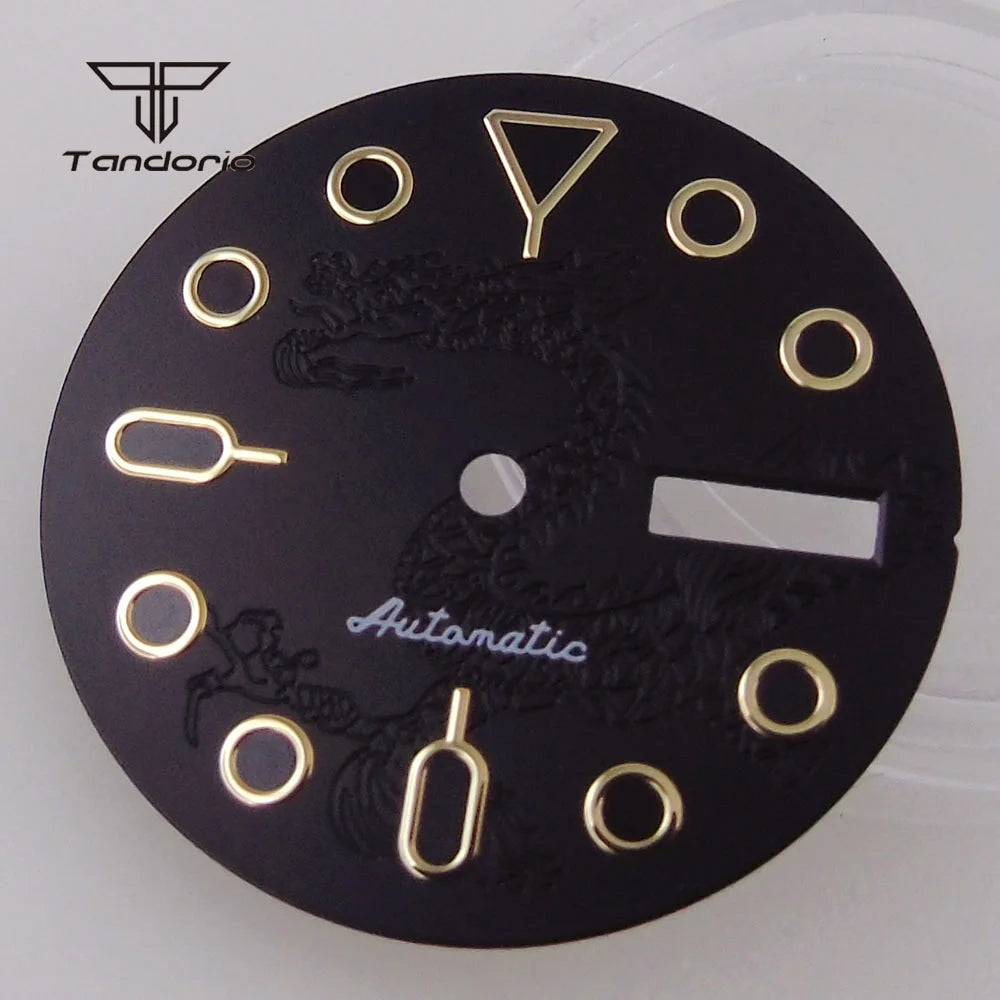 NH36 Watch Dial 29mm Day Date Black Dragon Pattern+ Shark Hands Set for Skx Mod Parts