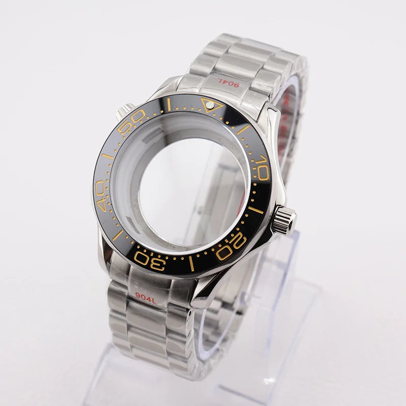 42mm NH35 Stainless Steel Seamaster Watch Case Mineral/Sapphire Glass Black Ceramics Bezel Insert with Bracelet for Seiko Mod Seamaster Build Parts