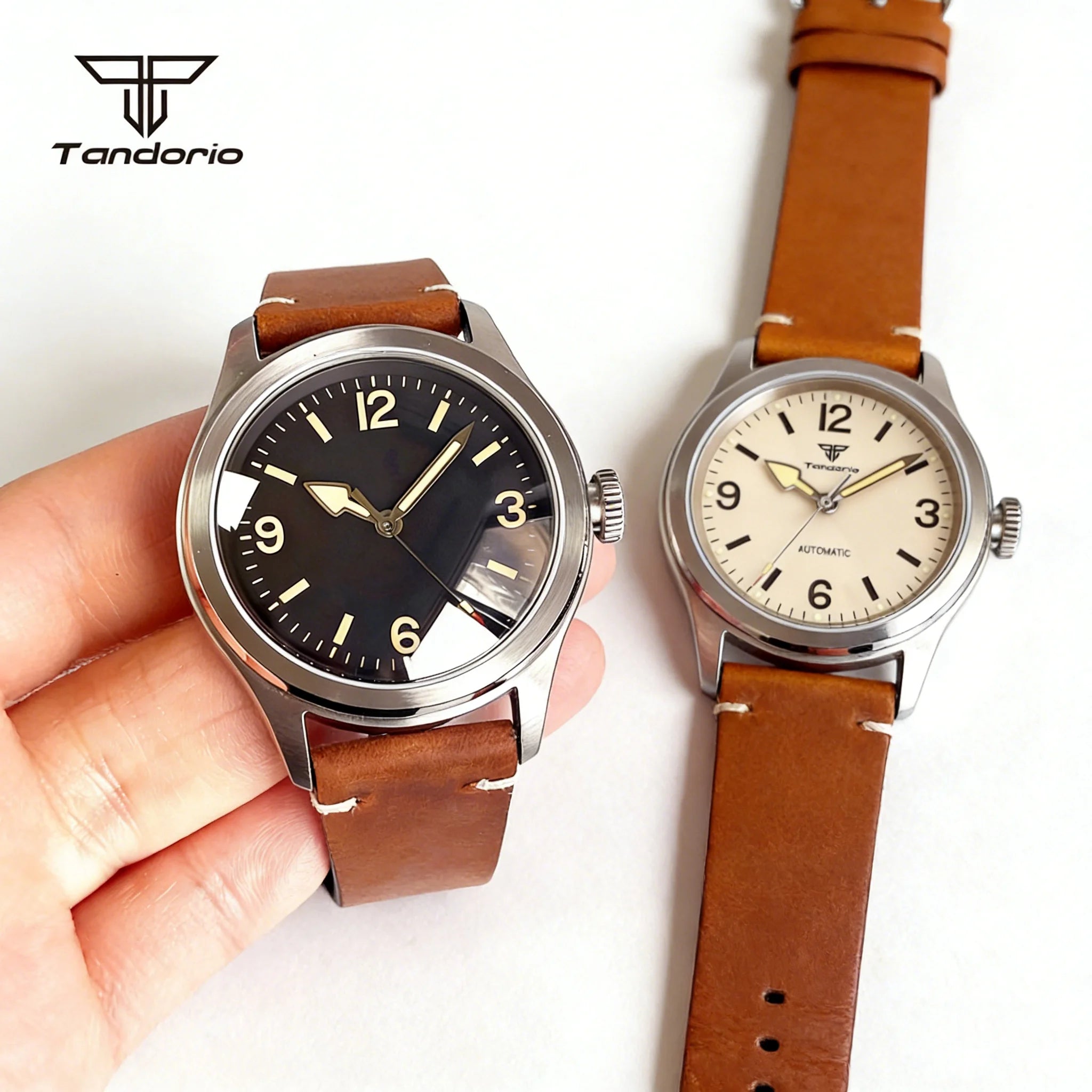38mm Pilot Watch Tandorio TD158 Vintage Field Watch for Men NH35/ST2130 Sapphire Luminous Glass Back