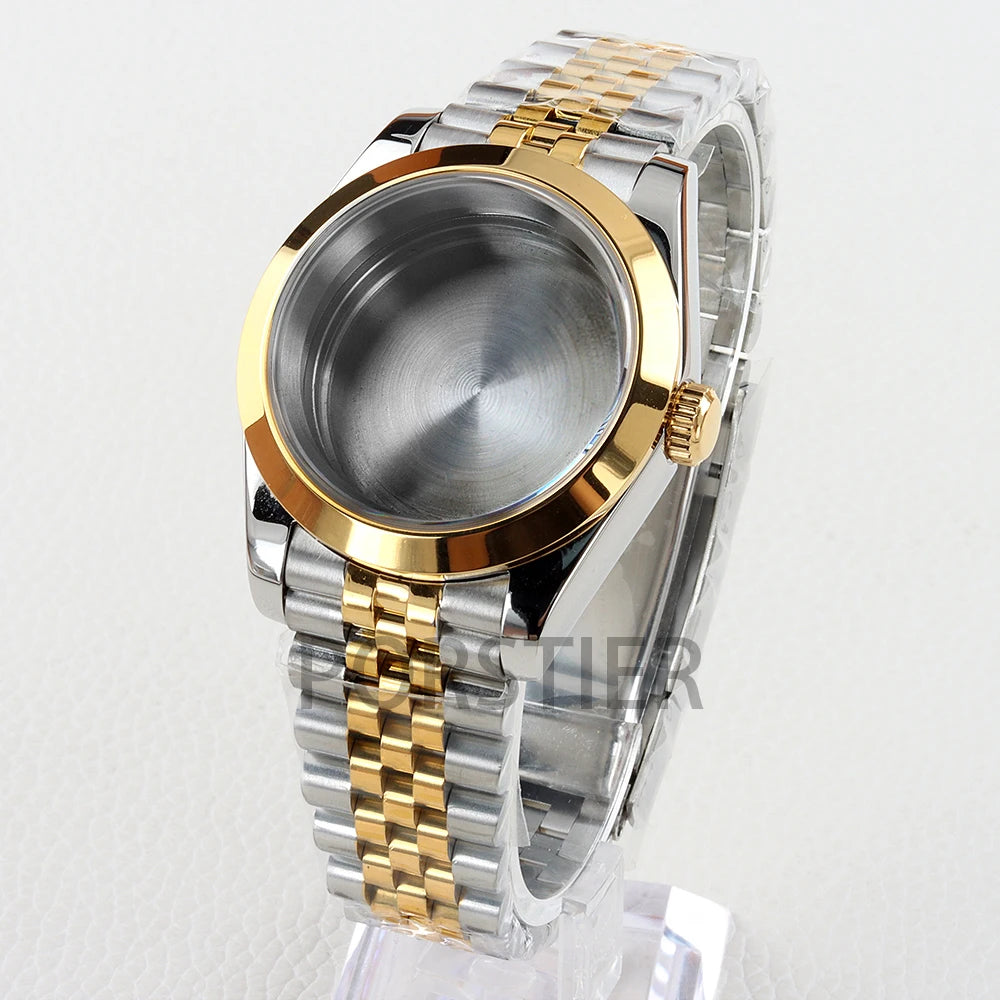 Smooth Bezel Two Tone Gold 36/39mm NH35 Watch Case 20mm Solid 316L Stainless Steel Jubilee/Oyster Strap for Datejust NH35 NH36 Movement 28.5mm Dial 10bar