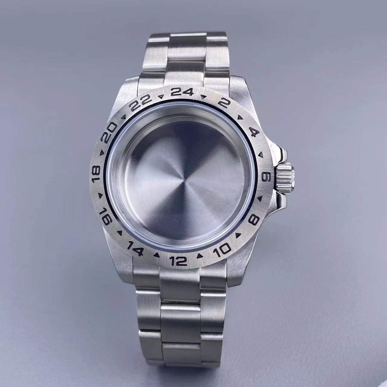 39mm EXP 24 Hour GMT Watch Case Fixed Bezel Sapphire for NH35/NH36 Movement Frosted Steel Strip