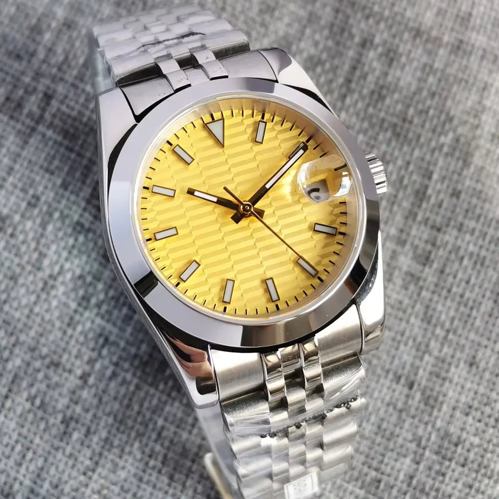 Explorer Mod Tandorio TD110Y 36mm/39mm Yellow textured Luminous Dial New 24 Jewels NH35A Automatic Mens Watch Sapphire Crystal Bracelet Strap
