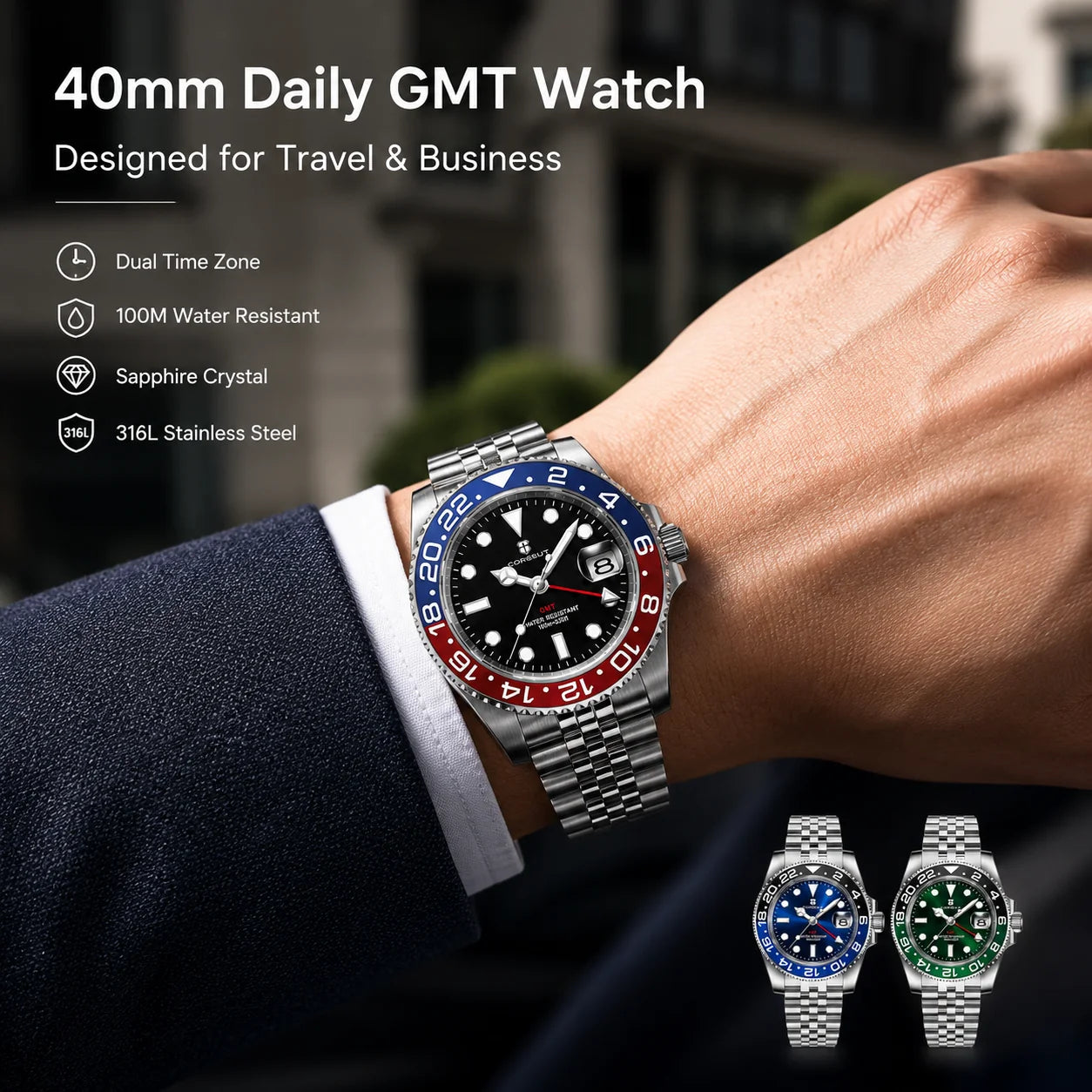 40mm Ronda 515 Quartz GMT Watch CORGEUT Sapphire 10ATM Travel Wristwatch
