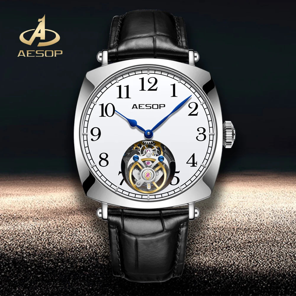 41mm AESOP 7068 Flying Tourbillon Mechanical Skeleton Movement Watch Sapphire Luxury Square Dress