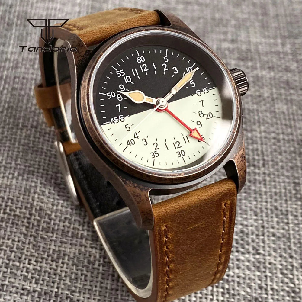 Vintage Pilot GMT Watch Tandorio TD166G 36mm Sapphire 20BAR Luminous Two Tone Dial Day Night