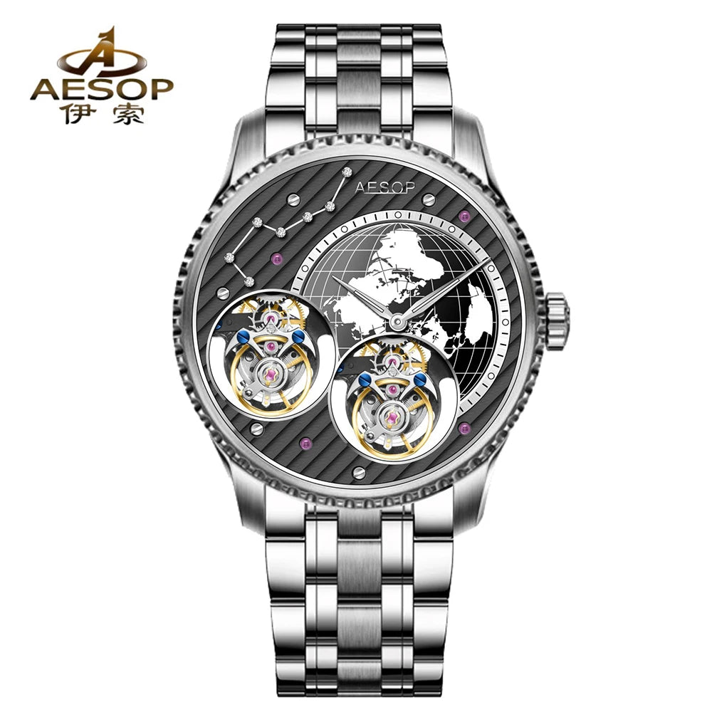 Double Flying Tourbillon Watch World Map AESOP 7116 42mm Skeleton Luxury Waterproof Wristwatches Sapphire