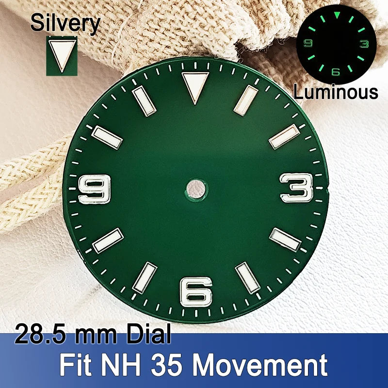 Explorer Watch Dial 28.5mm Smooth Dials Fit For NH35 Movement Explorer 3-6-9 design Wristwatches Dial Accessory Parts Replacement Green Luminous
