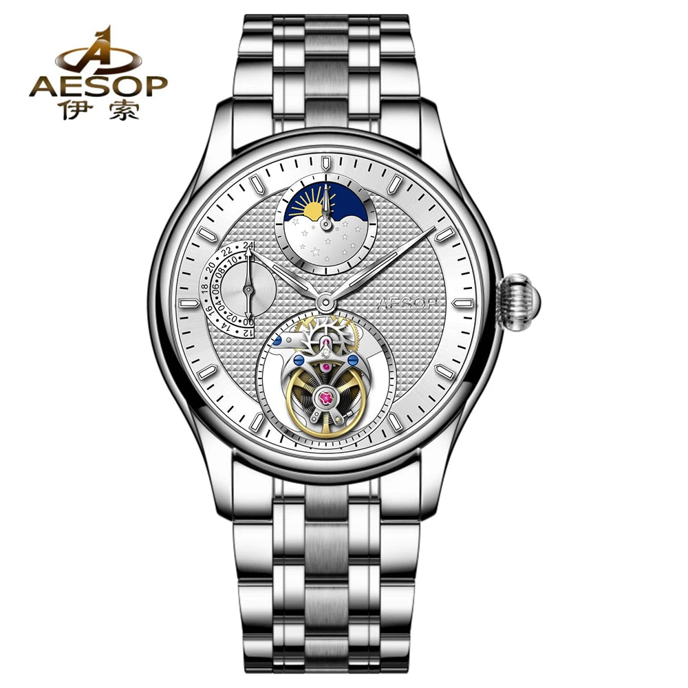Flying Tourbillon Automatic Watch AESOP 7117 Skeleton Moon Phase 42mm Sapphire 5ATM