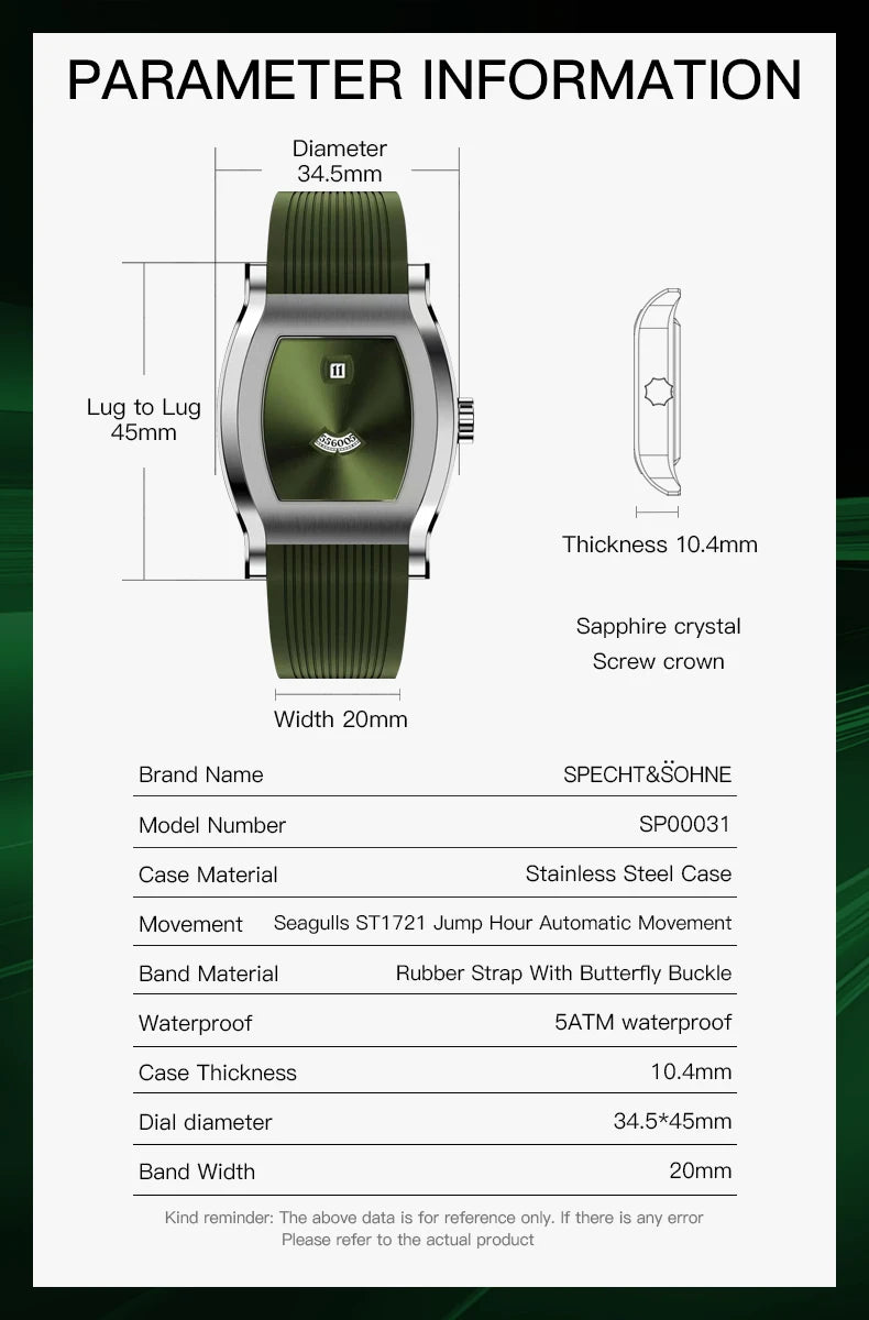 35mm Fashion Square Watch Specht & Söhne Seagull ST1721 Jump Hour Automatic Sapphire Men and WomenStainless Steel Wristwatch Reloj Hombre 