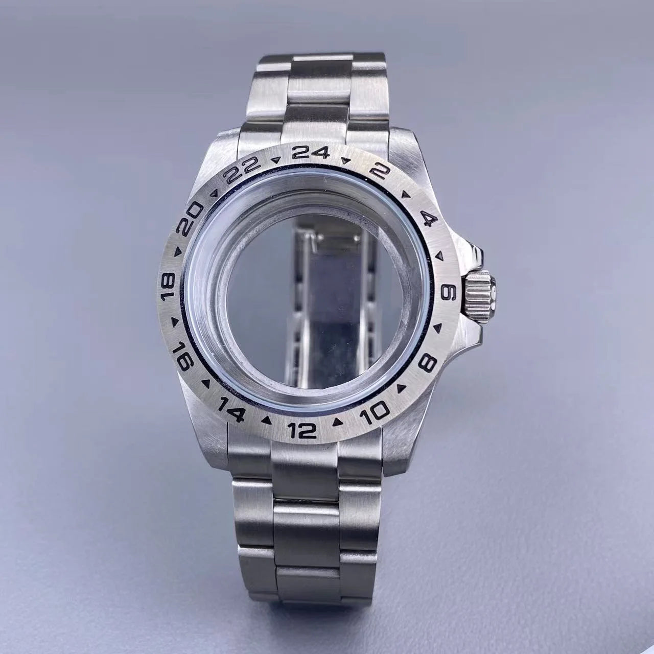39mm EXP 24 Hour GMT Watch Case Fixed Bezel Sapphire for NH35/NH36 Movement Frosted Steel Strip