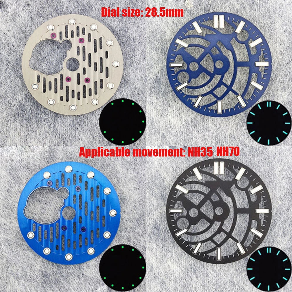 28.5mm Open NH35 Dial C3 Green Luminous Watch Dial Fit NH35 36 38 70 72 Movement Watch Accessories Custom Logo Dial