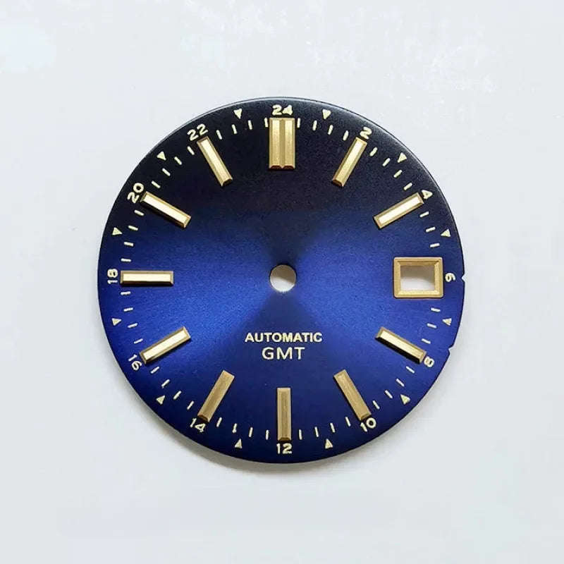 Premium Watch Dial Sunburst Dial 28.5mm No Lume Gold IndexNH35 NH34 GMT Movement Custom Logo Text Modification Watch