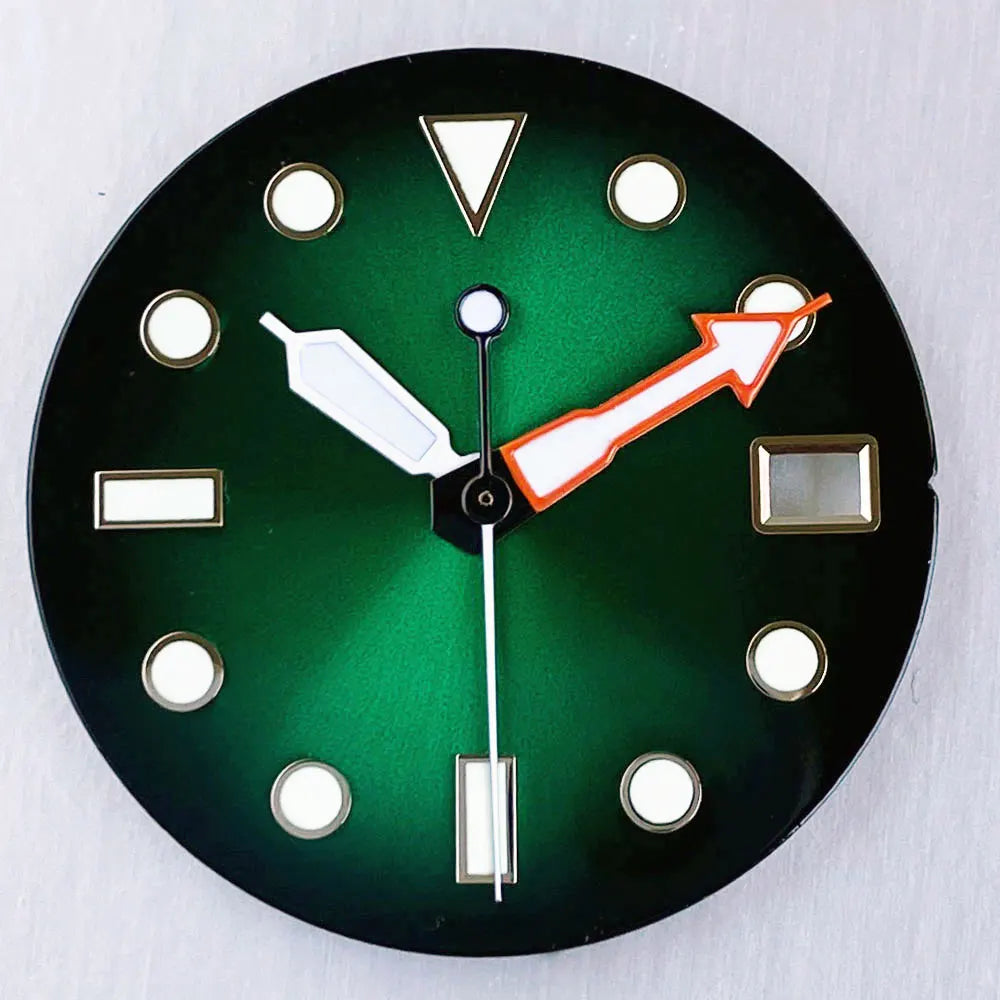 Gradient Sunburst Watch Dial Hands Nologo 29mm Green Luminous Fit NH35 NH36 ETA2824 Miyota DG2813 SW200 PT5000