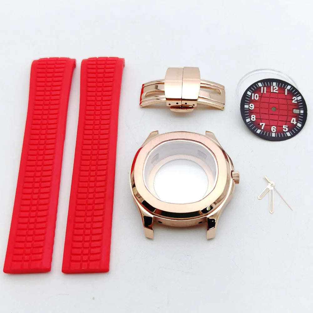 Aquanaut case 42mm NH35 Rose Gold 316 Stainless Steel Case Rubber Strap Luminous Dial Hands Modifed Watch Parts Accessorie glass back