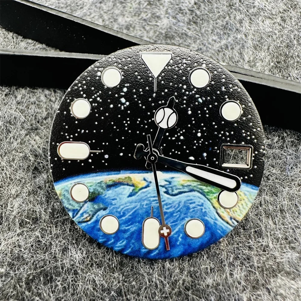 28.5mm Watch Dial Starry Sky and Earth Green Luminous Surface + Hands for NH35/ NH36/ 4R/ 7S Movement Replace Watch Accessories