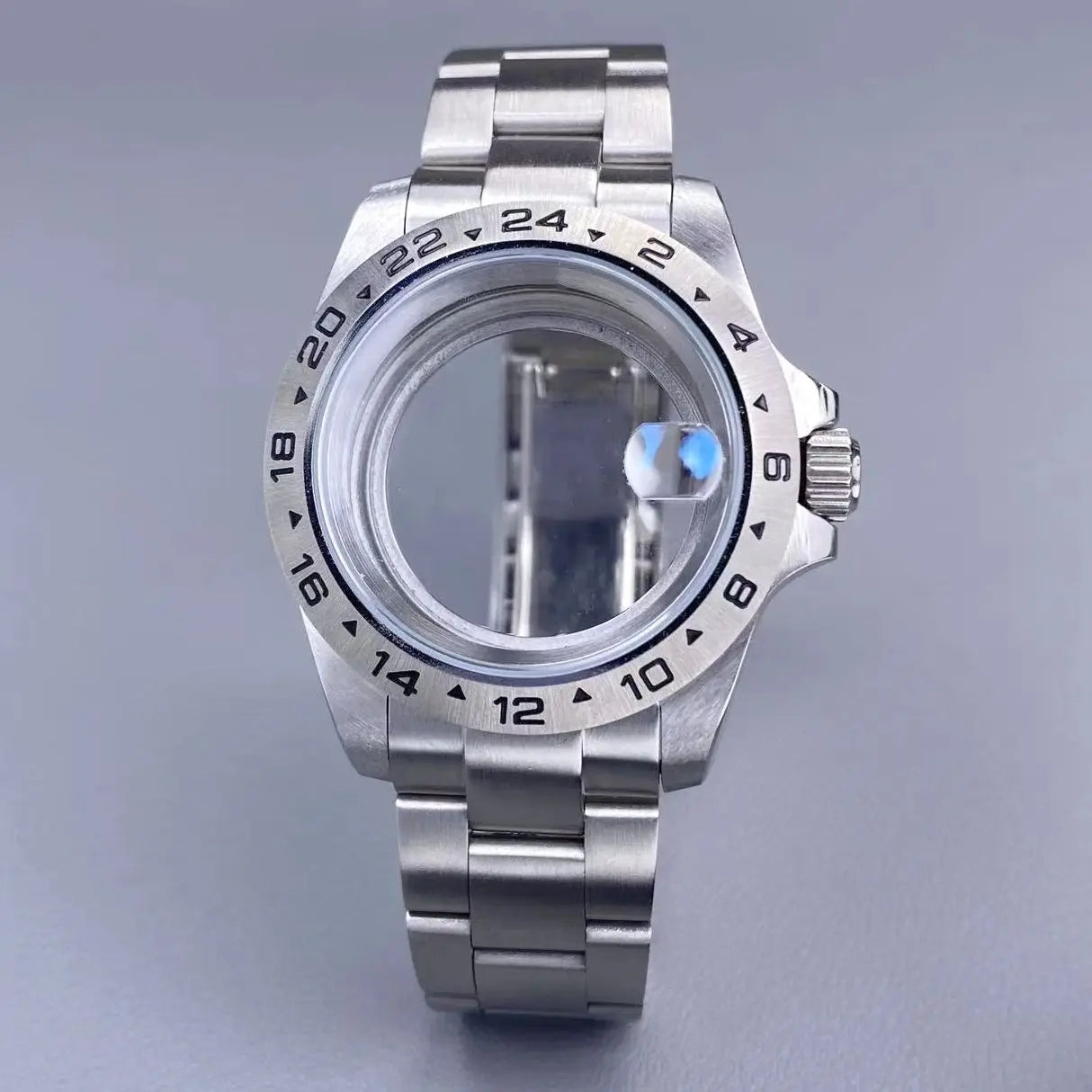 39mm EXP 24 Hour GMT Watch Case Fixed Bezel Sapphire for NH35/NH36 Movement Frosted Steel Strip
