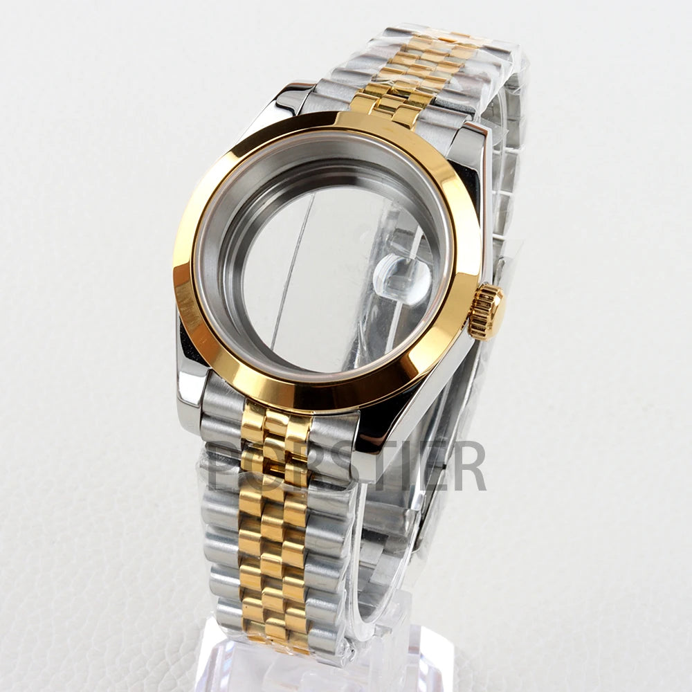 Smooth Bezel Two Tone Gold 36/39mm NH35 Watch Case 20mm Solid 316L Stainless Steel Jubilee/Oyster Strap for Datejust NH35 NH36 Movement 28.5mm Dial 10bar