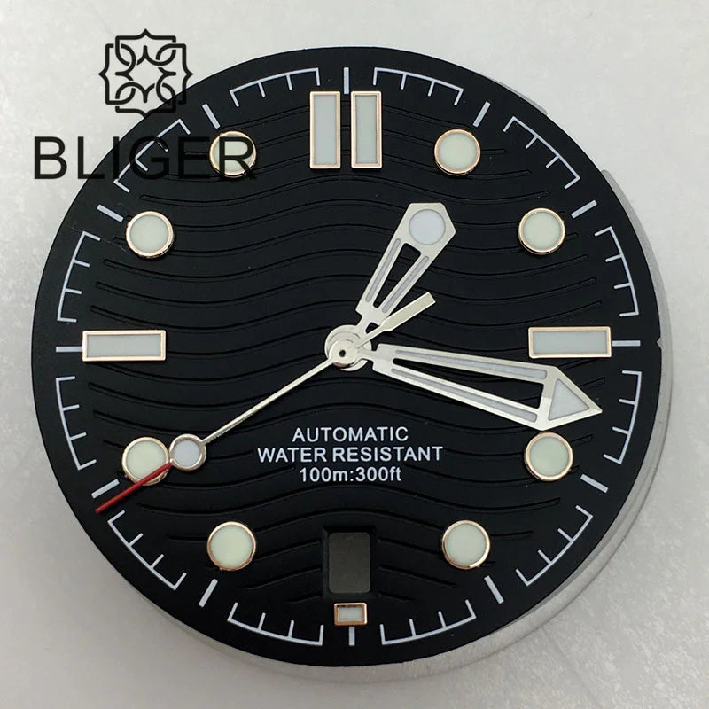 31mm seamaster Wave Watch Dial Hand Set 6 O'clock Date Window Black White Blue Green Fit NH35 Movement Luminus