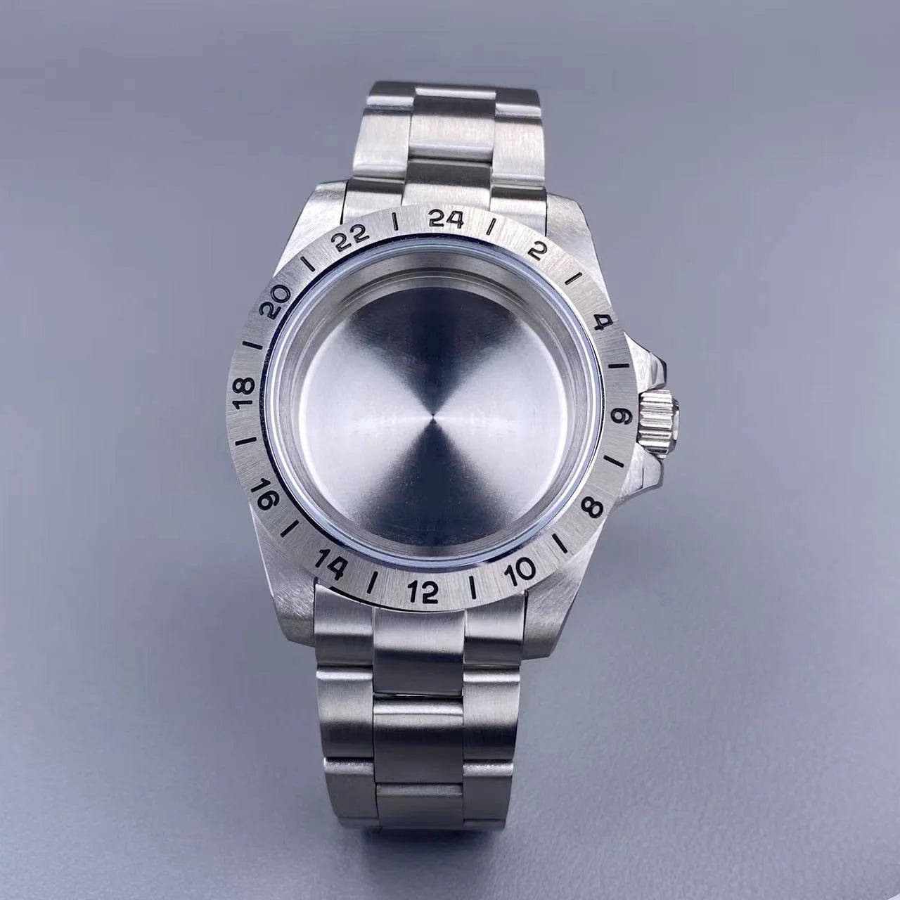 39mm EXP 24 Hour GMT Watch Case Fixed Bezel Sapphire for NH35/NH36 Movement Frosted Steel Strip