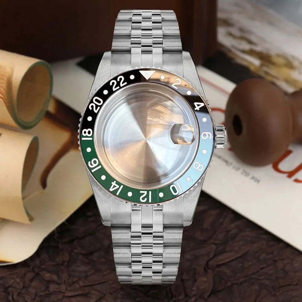 38mm Diver Watch Case GMT Case Stainless Steel Brushed 200M Fit NH34 GMT NH35 Domed Sapphire Glass Alloy Insert 120 Click Bezel