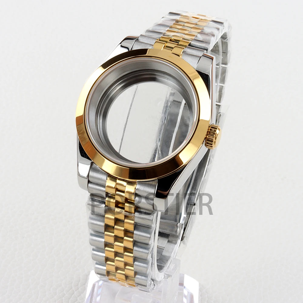 Smooth Bezel Two Tone Gold 36/39mm NH35 Watch Case 20mm Solid 316L Stainless Steel Jubilee/Oyster Strap for Datejust NH35 NH36 Movement 28.5mm Dial 10bar