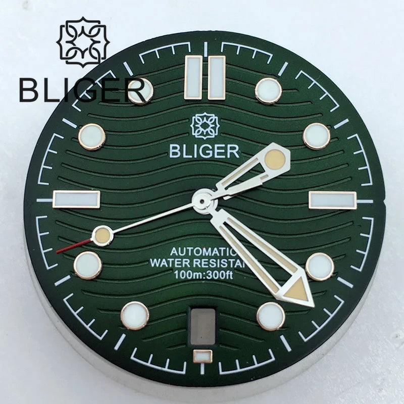 31mm seamaster Wave Watch Dial Hand Set 6 O'clock Date Window Black White Blue Green Fit NH35 Movement Luminus