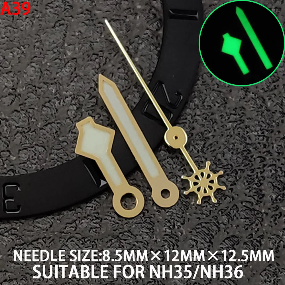 wide Watch Hands for NH35 Green Luminous Gold Silver Edge Watch Accessories with Diamond/Sword/Cross Second Hand for NH35/NH36/4R/7S Movement