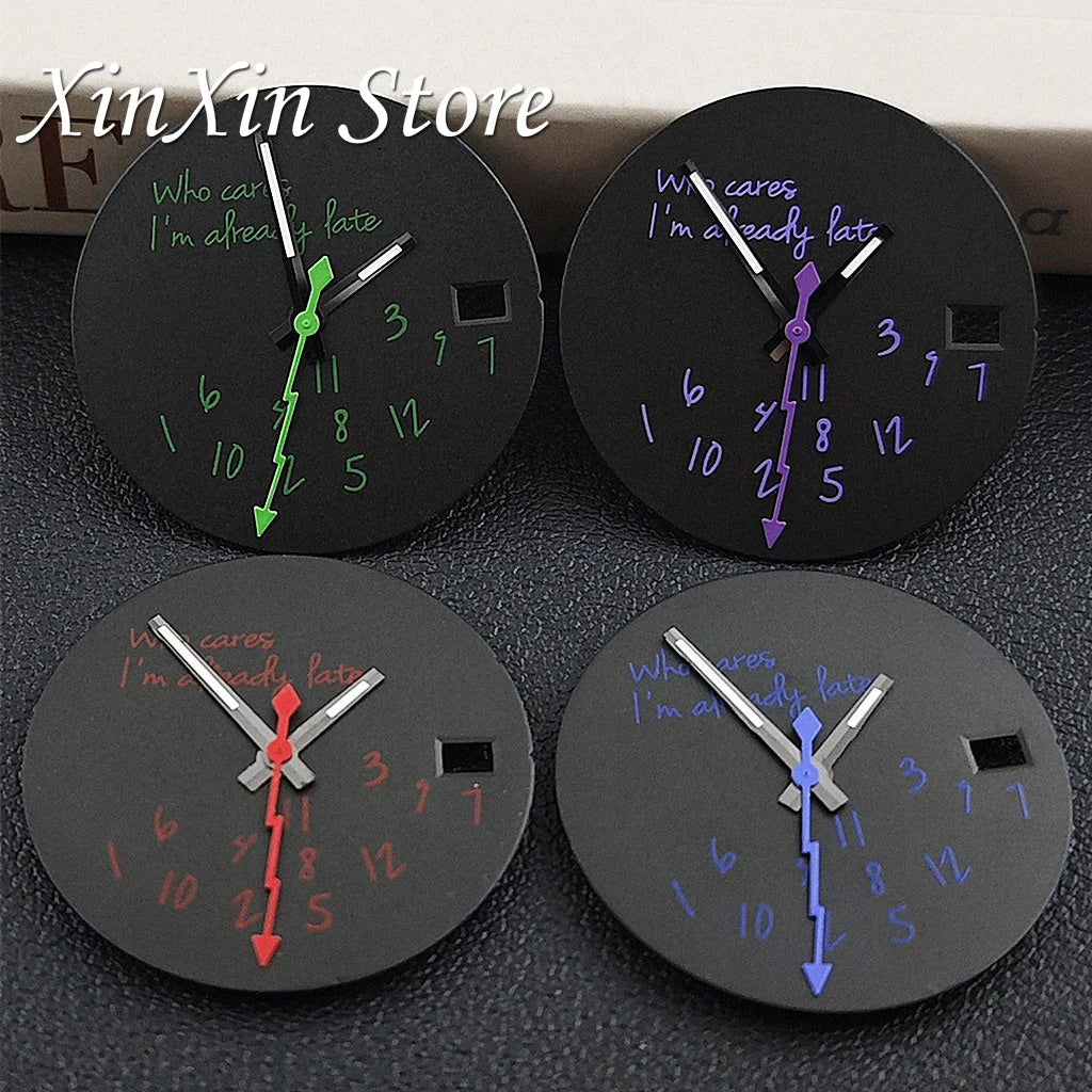 Black NH35 28.5mm Watch Dial Who Cares With Lightning Second Hands For NH35 4R35 Movement Who Cares Lt's Already Late Replace Watch Dial