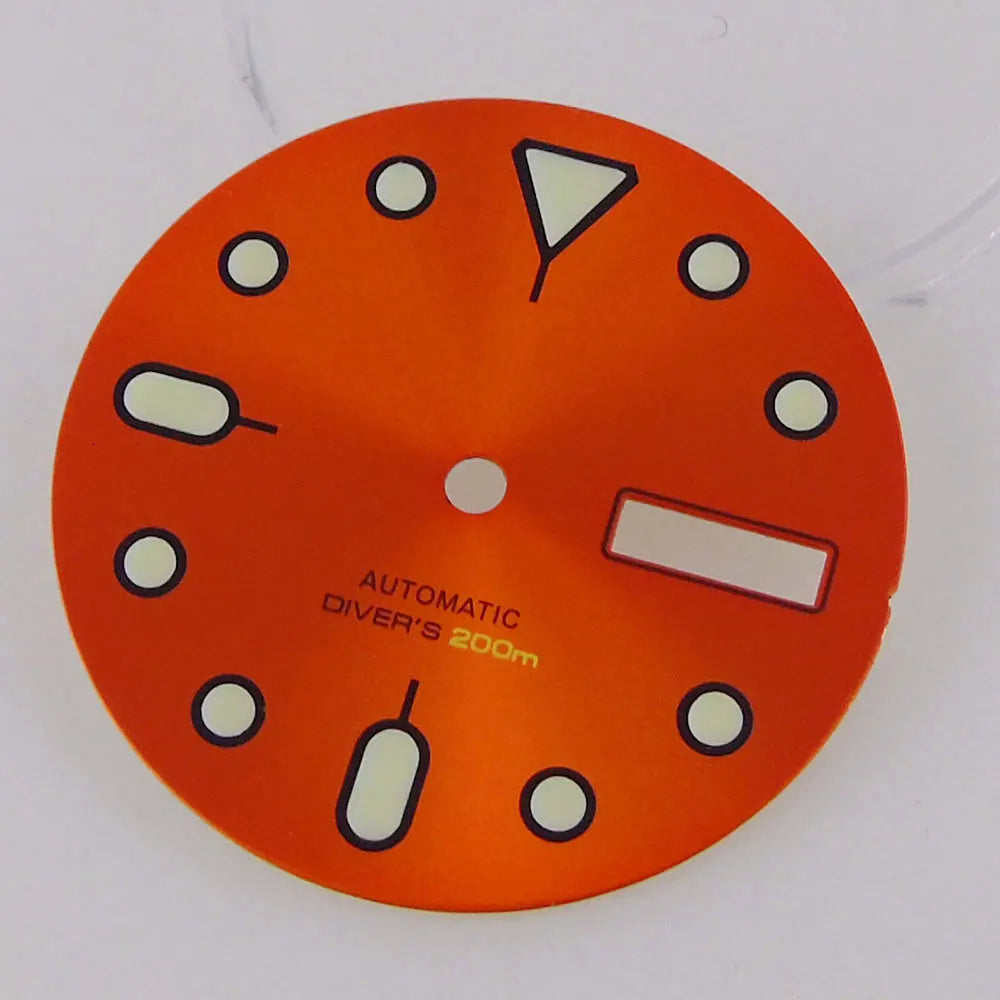 Nologo 29mm Watch Dial 3.8 Clock for NH 36 Movement Weekday Date Orange/white/black Dial Face Plate Green Lume for Di ver Watch