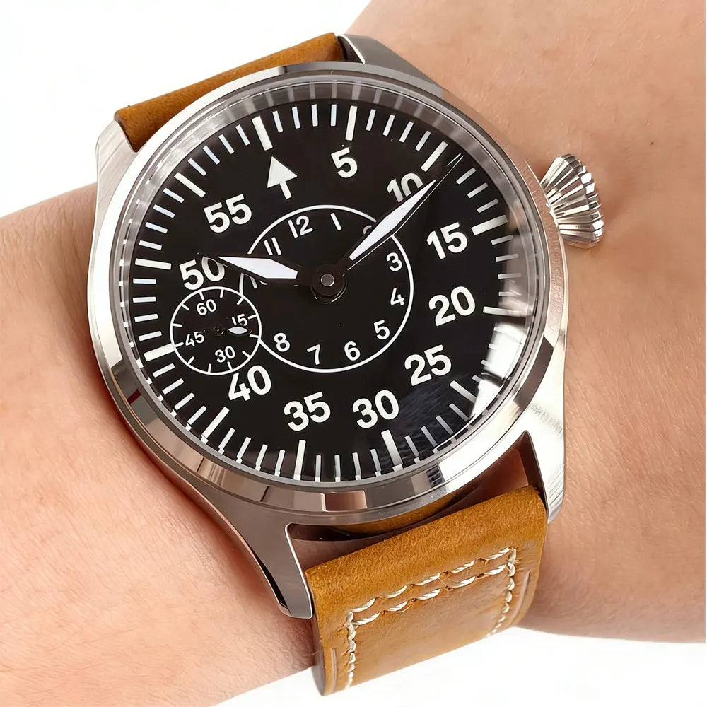 Tandorio 42mm Vintage Pilot ST3600 Hand Wind Watch Sapphire 6497 5ATM Sub Second at 9 GlassBack