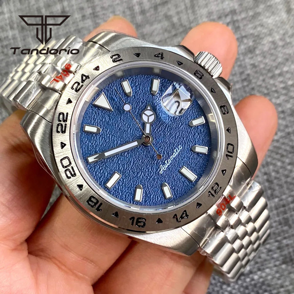 39MM Diver Tandorio TD229S NH35 Automatic Wristwatch Blue Sterile Dial Date Sapphire 10Bar 24H Fixed Bezel