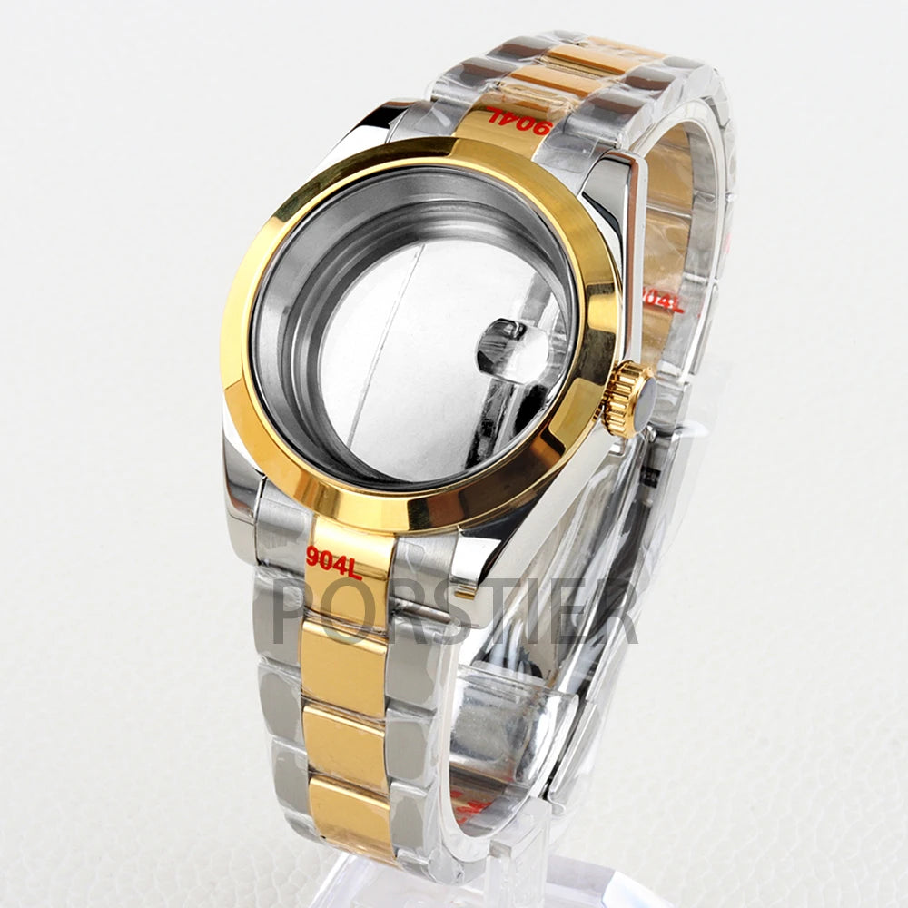 Smooth Bezel Two Tone Gold 36/39mm NH35 Watch Case 20mm Solid 316L Stainless Steel Jubilee/Oyster Strap for Datejust NH35 NH36 Movement 28.5mm Dial 10bar