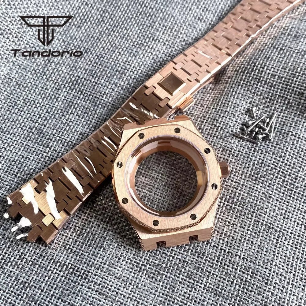 Octagon Case PVD Black/Rose Gold Stainless Steel 42mm Royal Oak Style Brushed Watch Case Bracelet Octagon Design Sapphire Glass Fit NH35 NH36 Movement Glass Back