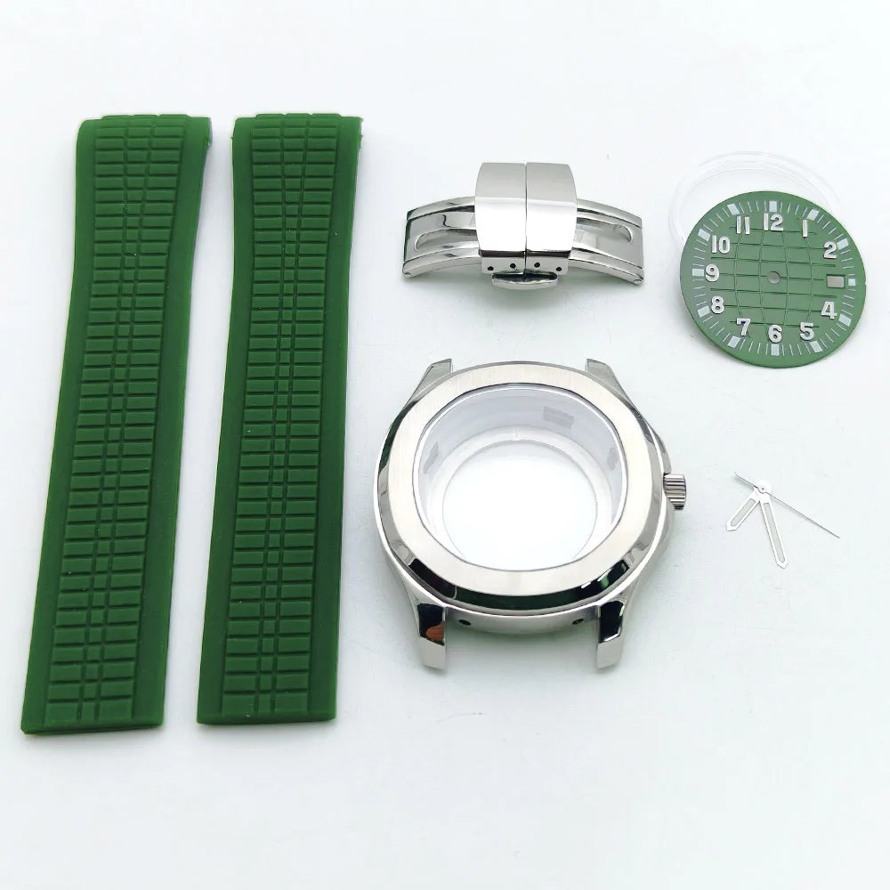 Aquanaut case 42mm NH35 Rose Gold 316 Stainless Steel Case Rubber Strap Luminous Dial Hands Modifed Watch Parts Accessorie glass back