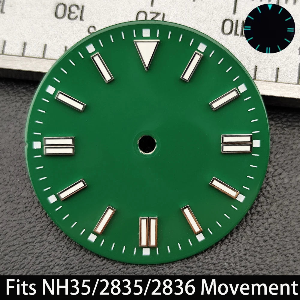 28.5mm Dial single/no calendar watch blue-green/green luminous dial hands fit for N H35/E2815/E2836 movement watch accessories