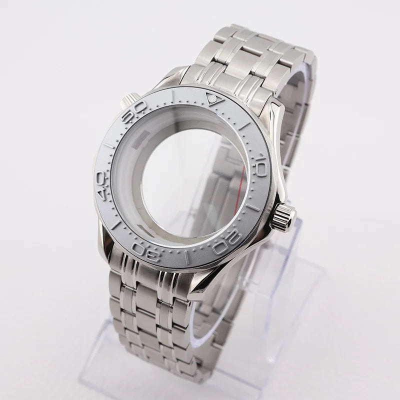 42mm NH35 Stainless Steel Seamaster Watch Case Mineral/Sapphire Glass Black Ceramics Bezel Insert with Bracelet for Seiko Mod Seamaster Build Parts