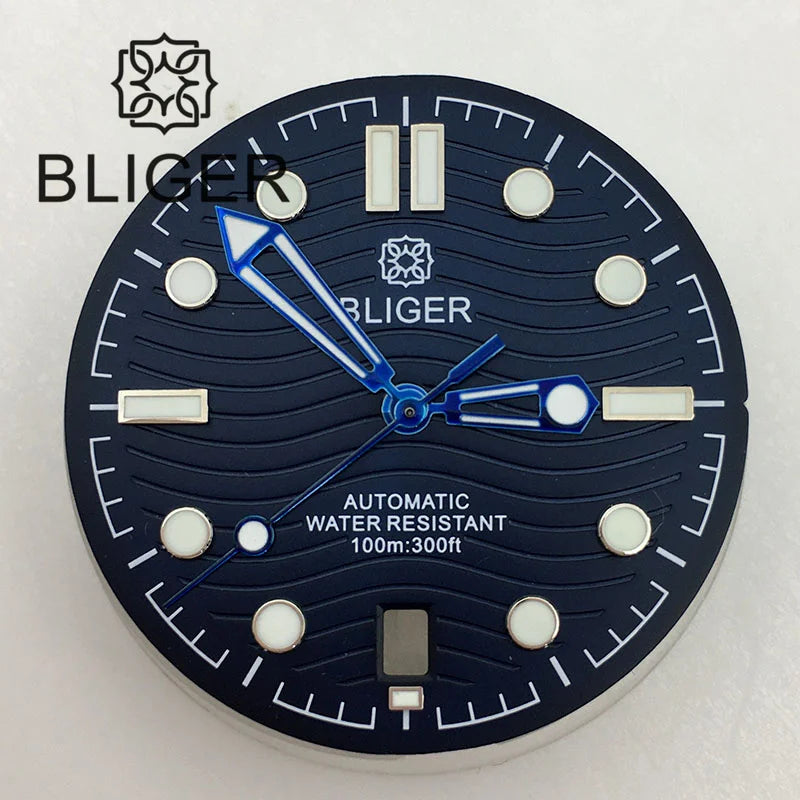 31mm seamaster Wave Watch Dial Hand Set 6 O'clock Date Window Black White Blue Green Fit NH35 Movement Luminus