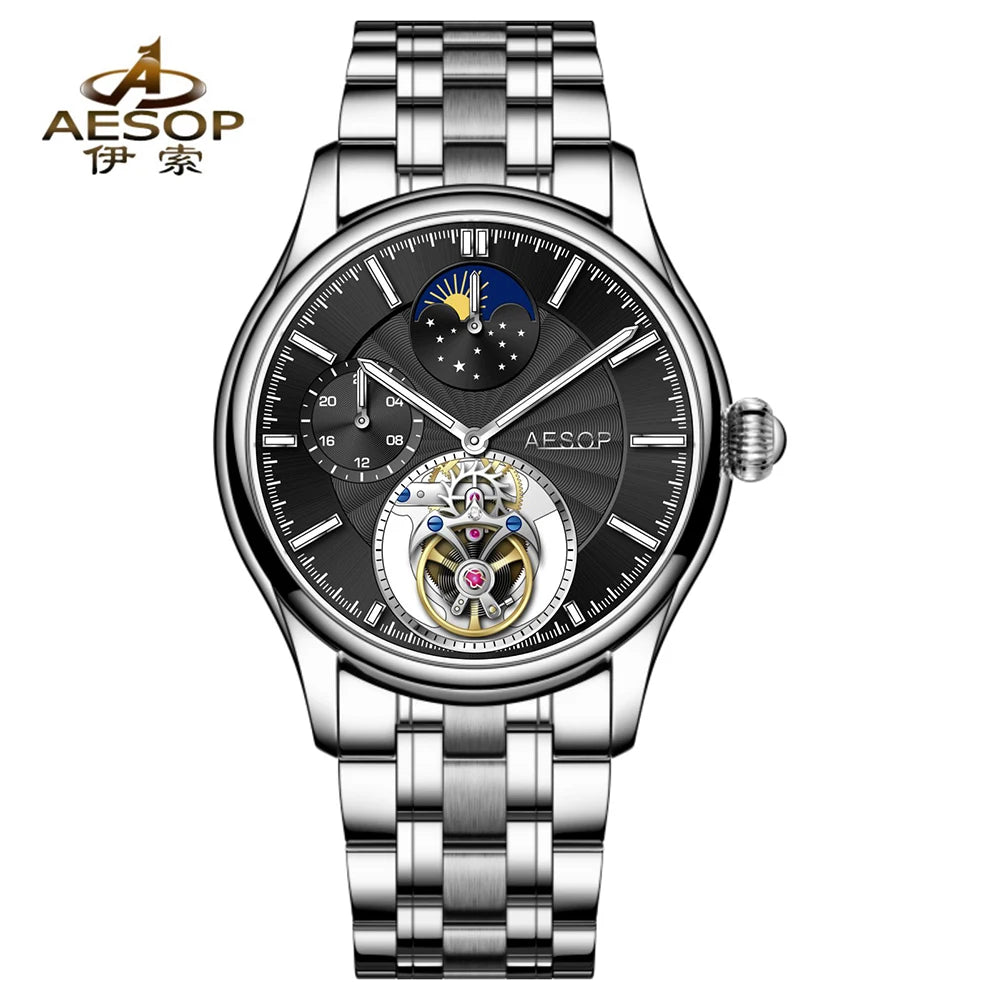 Flying Tourbillon Moon Phase Watch AESOP 7118 42mm Subsecond Automatic Skeleton Waterproof Sapphire