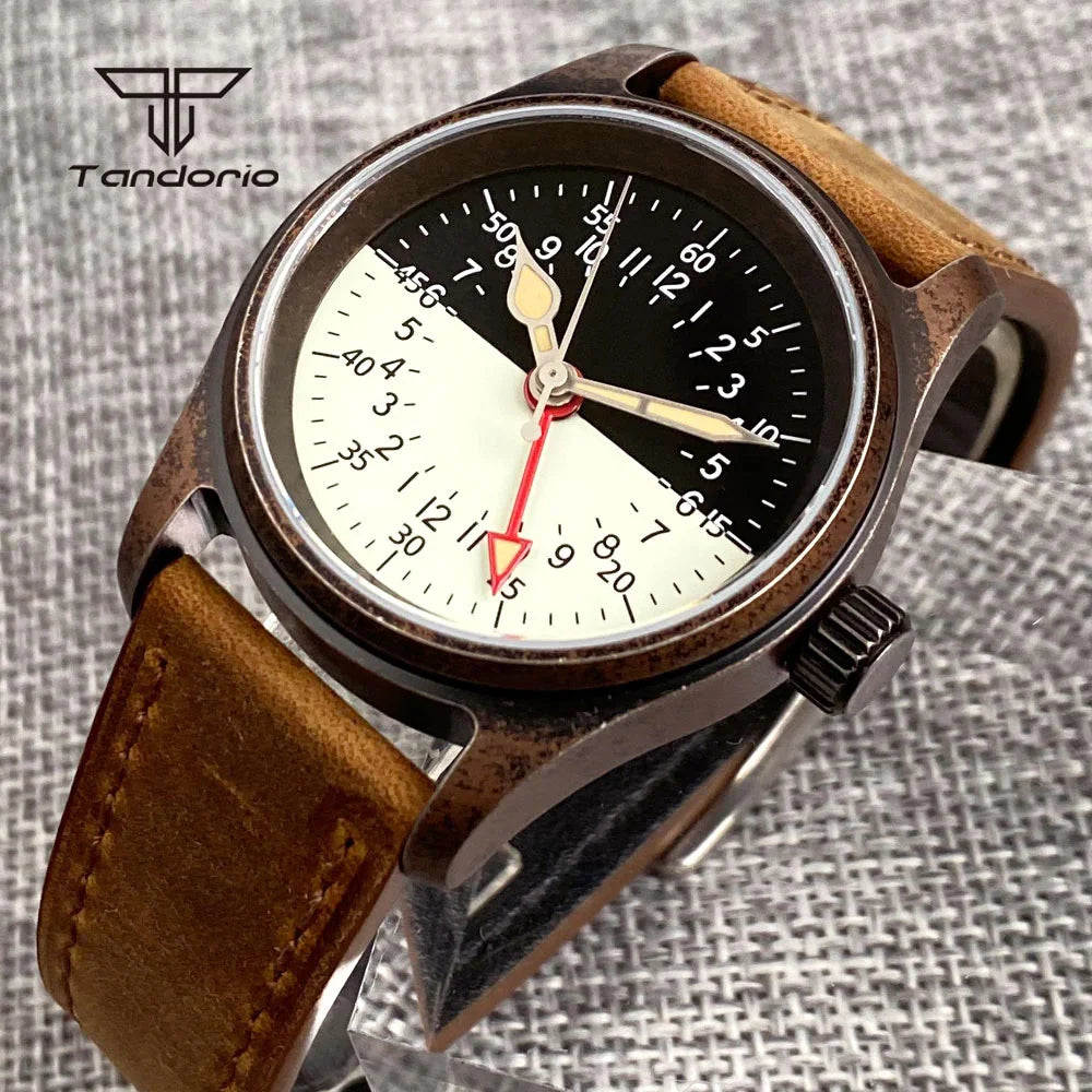 Vintage Pilot GMT Watch Tandorio TD166G 36mm Sapphire 20BAR Luminous Two Tone Dial Day Night