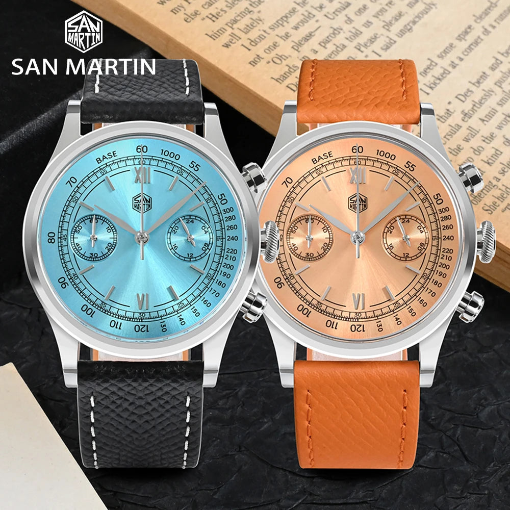 San Martin Men Quartz Watch VK64 Chronograph 38mm SN0101  Sapphire Glass Quick Release Strap 5bar