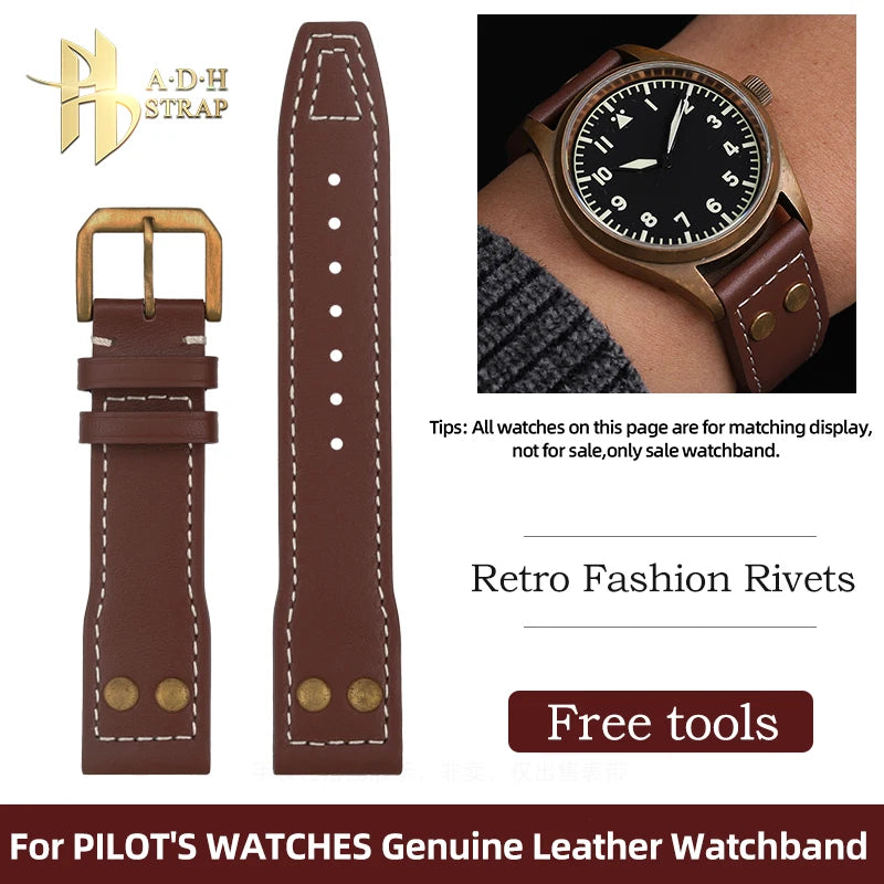 Vintage Real Solid Bronze Buckle Genuine Leather Watch Strap For Pilot Watchband 20 21 22mm