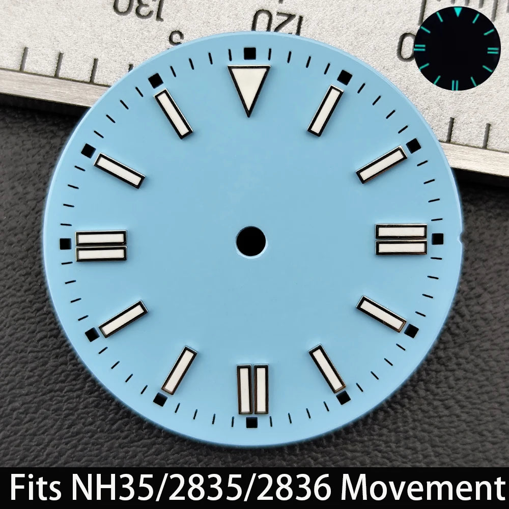 28.5mm Dial single/no calendar watch blue-green/green luminous dial hands fit for N H35/E2815/E2836 movement watch accessories