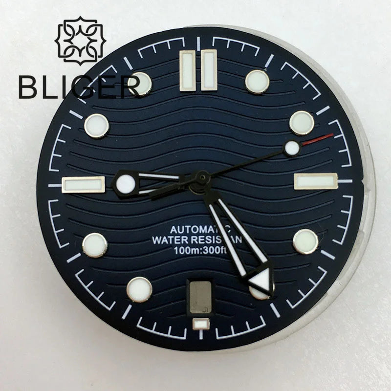 31mm seamaster Wave Watch Dial Hand Set 6 O'clock Date Window Black White Blue Green Fit NH35 Movement Luminus