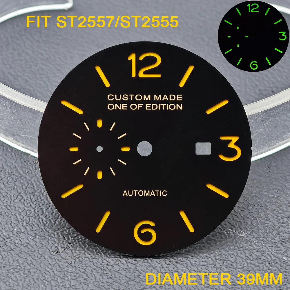 33.9/36.5mm Diameter Green Luminous Sterile Dial for Seagull GMT ST2557/ST2555 Movement with Single Calendar,Custom DIY logo