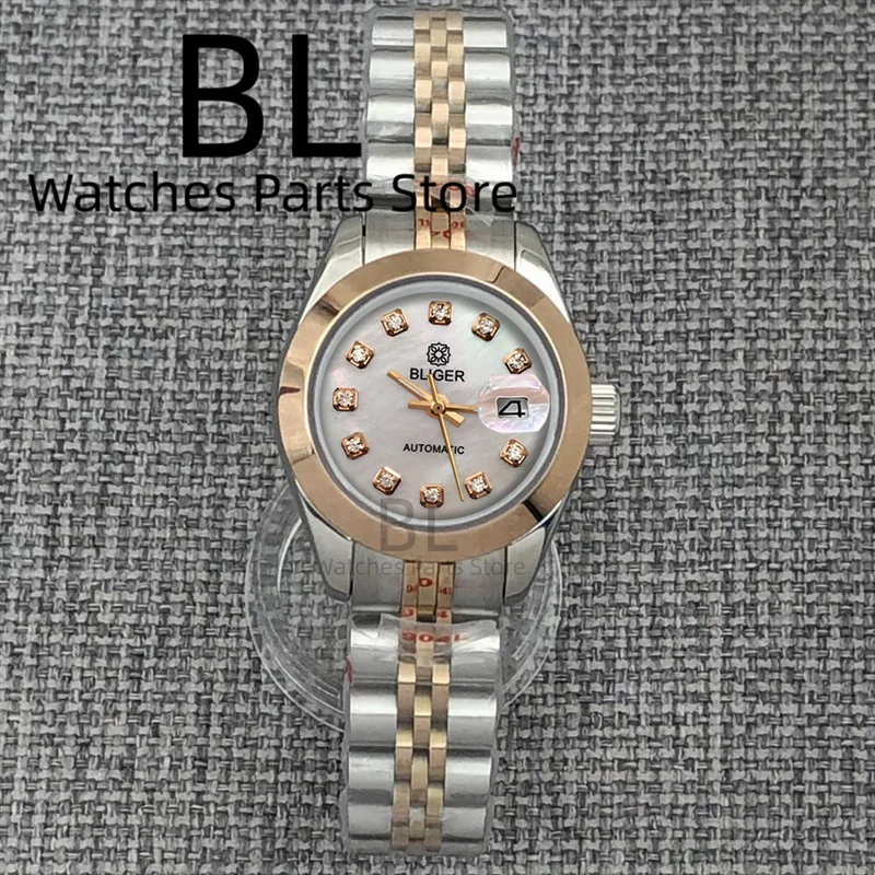 28mm Lady Watch BLIGER Luxury Two Tone Rose NH05 Automatic Watch Sapphire Diamond